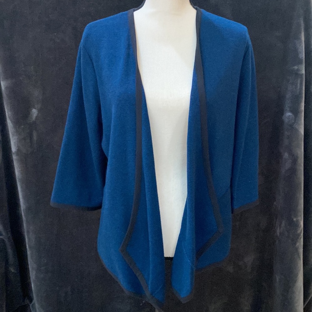 Alfani open front cardigan in gorgeous blue with classic black accents.